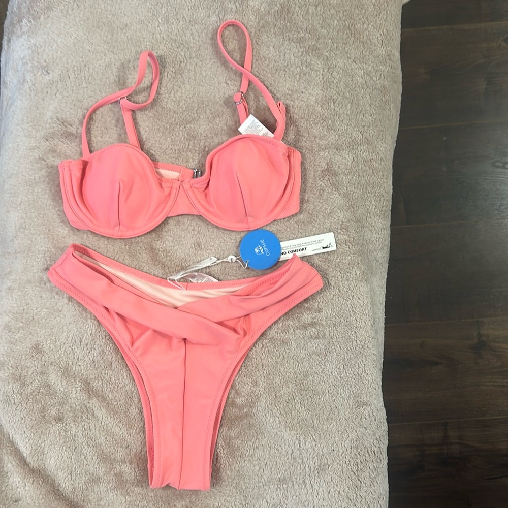 cupshe bikini in salmon/pink color, top is bra style and bottom is pull …